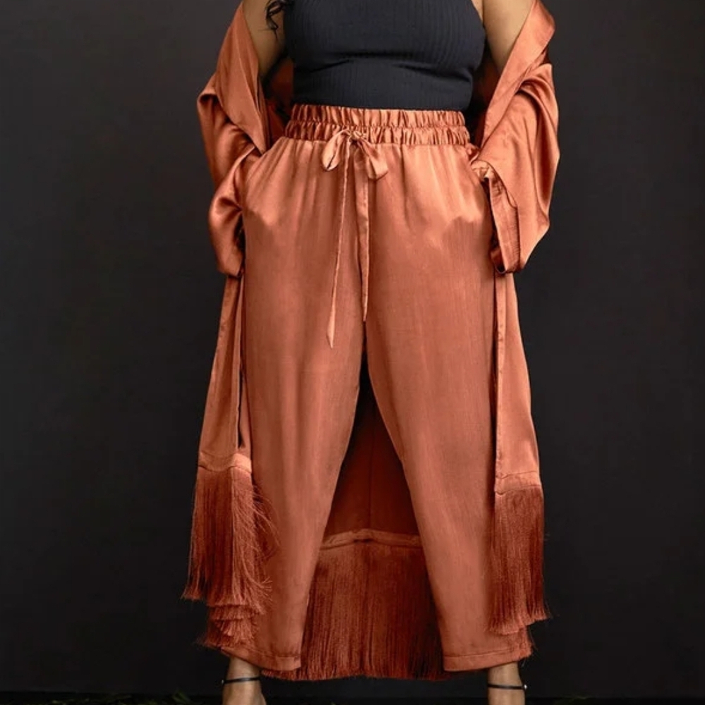Eloquii NWOT Rust Fringe Satin Pants and Duster Set
